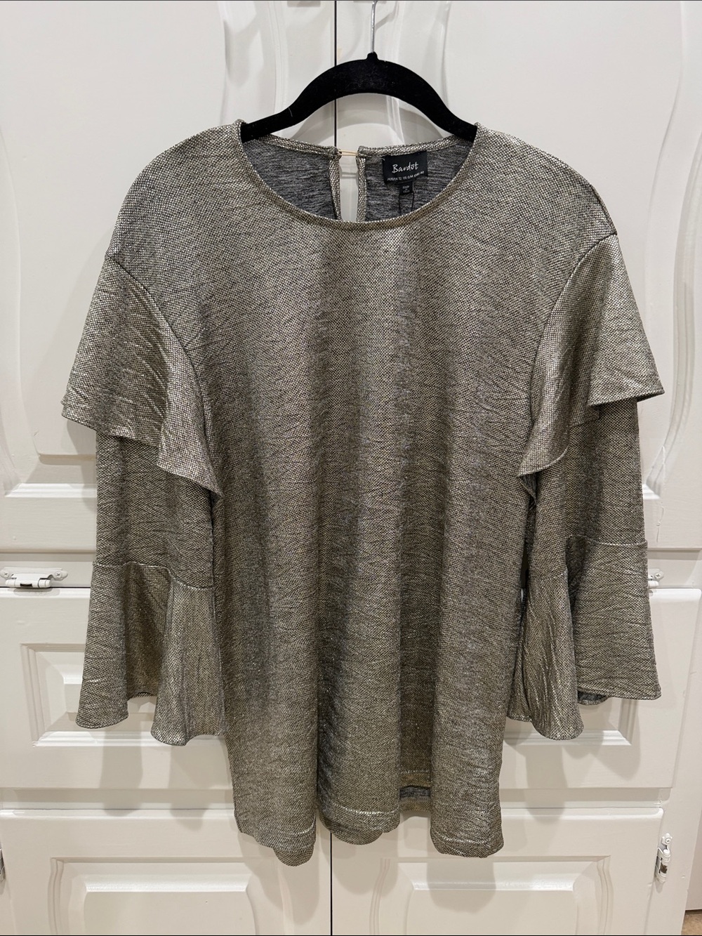 Bardot Metallic Silver Ruffle-Sleeve Long Sleeve Top